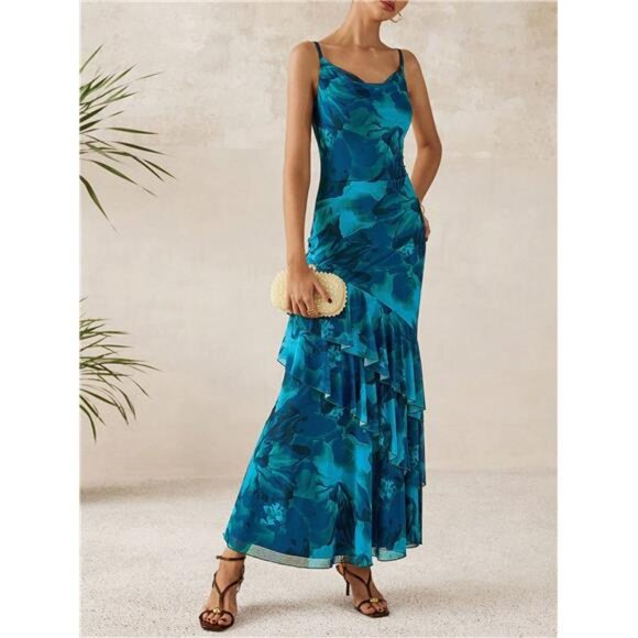 NEW - Women's Long Dress Summer Ruffled Layered Floral Sundress With Thin Straps - Picture 4 of 7